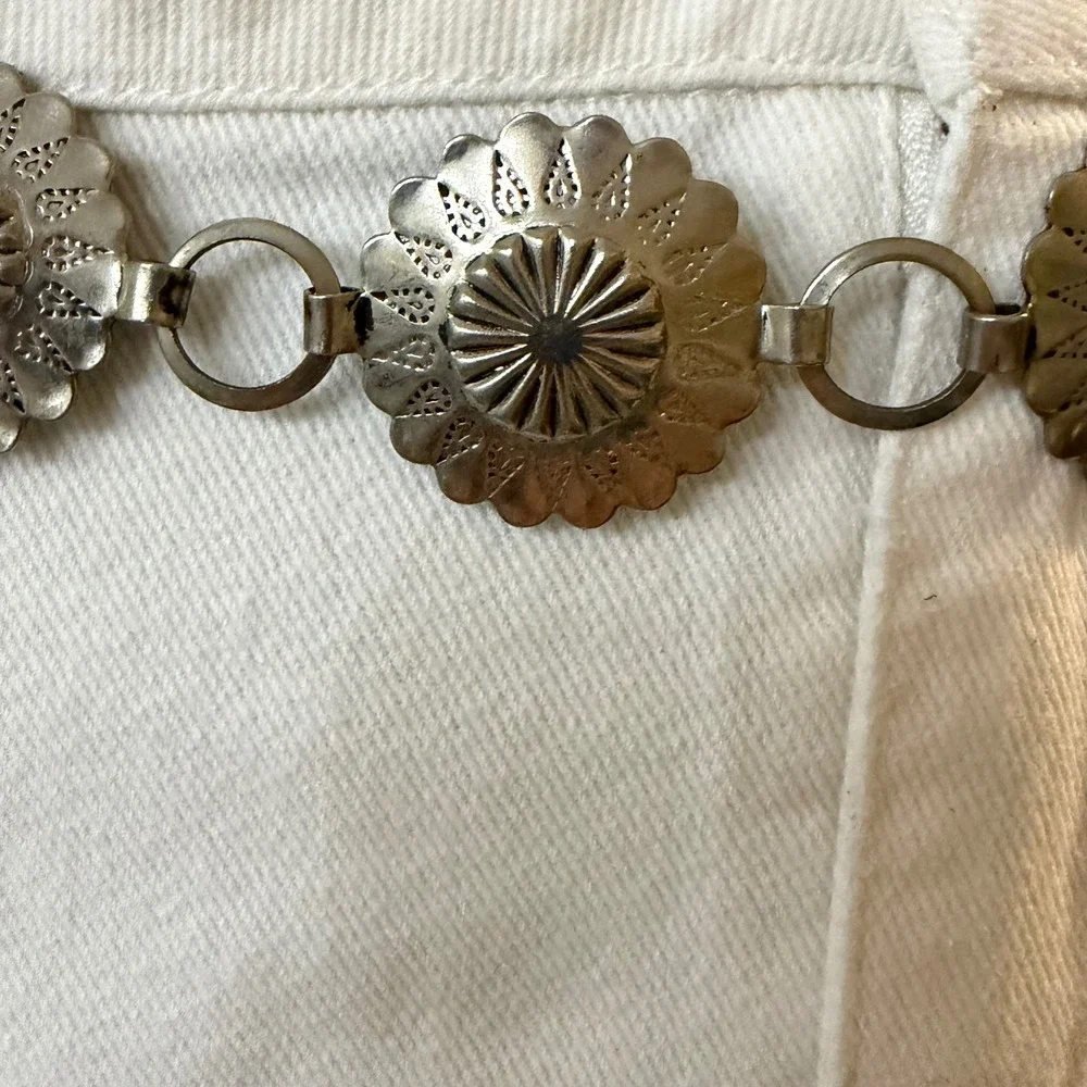 Southwestern Silver Concho Chain Belt Floral Etched‎ Adjustable Boho OS Western
